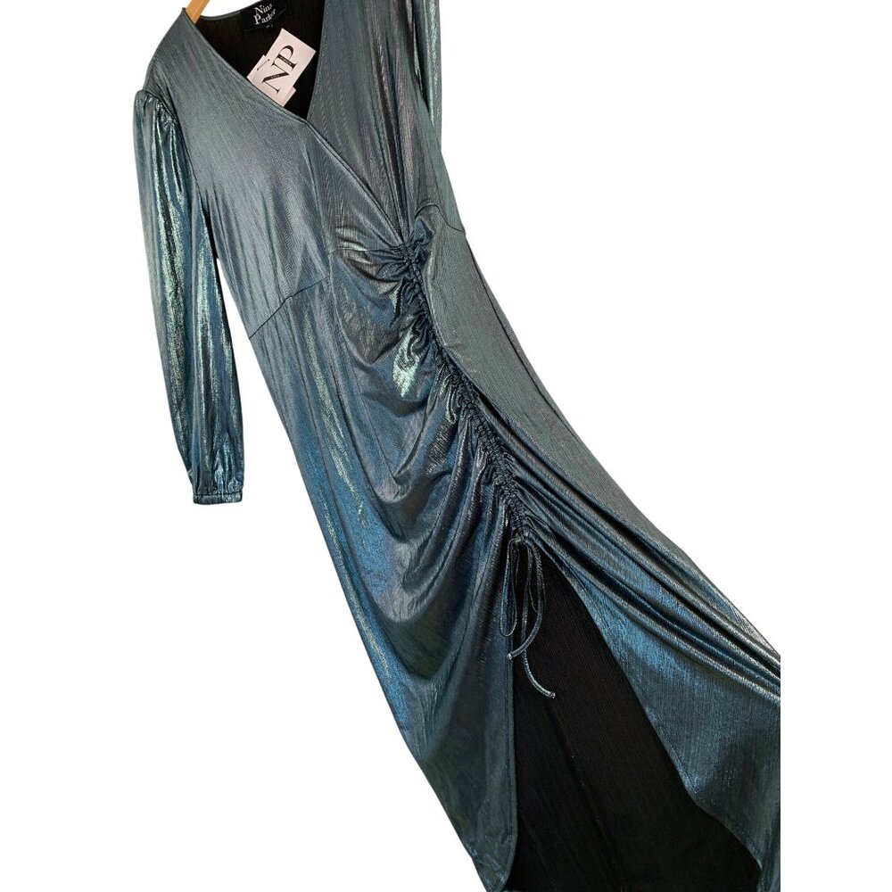 Nina Parker Metallic Ice Blue Long-Sleeve Ruched Midi Dress 2X 8954 Plus